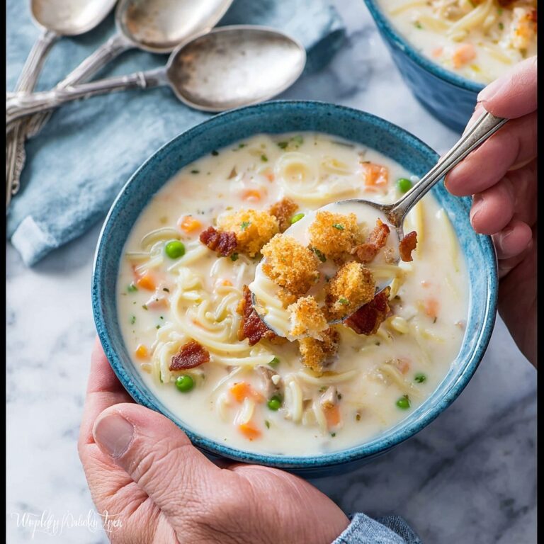 Creamy Chicken Noodle Soup with Mini Croutons Recipe