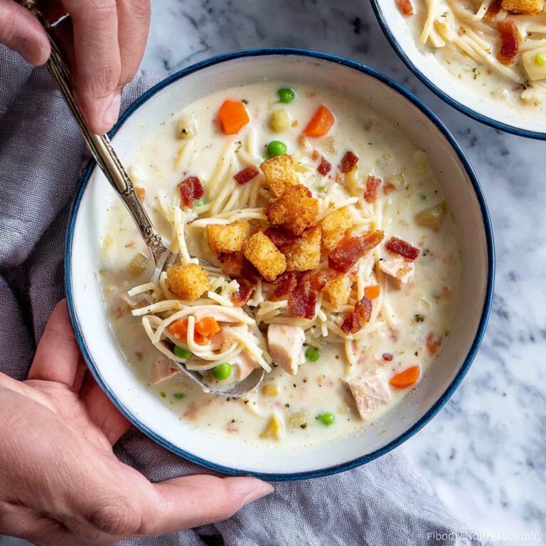 Creamy Chicken Noodle Soup with Bacon Crisps and Mini Croutons Recipe