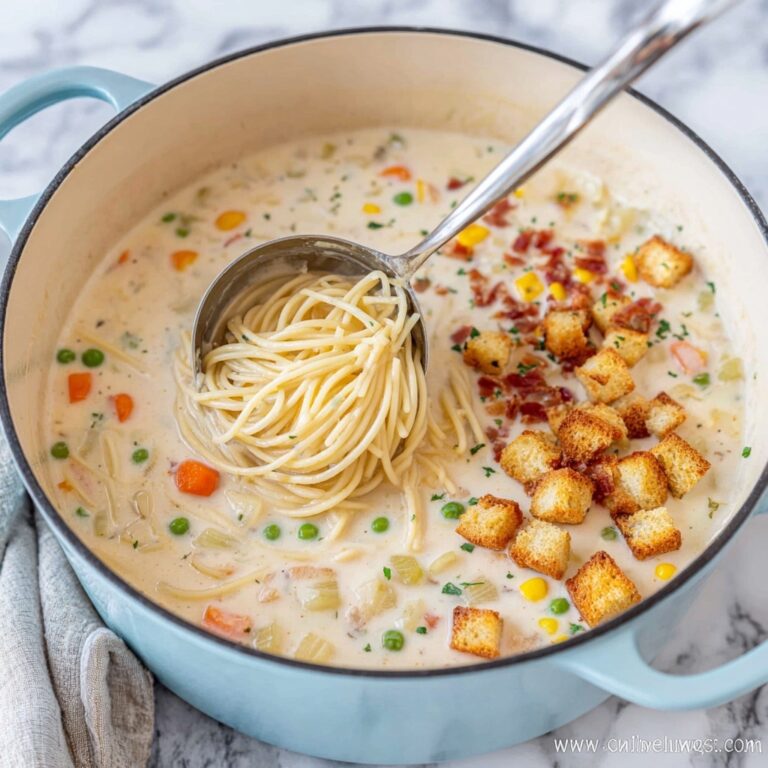 Creamy Chicken Noodle Soup with Crispy Bacon and Mini Croutons Recipe